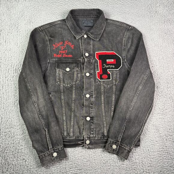 Polo Ralph Lauren RL Varsity Football Bulldog Denim Jean Jacket Mens M Black - Picture 3 of 10